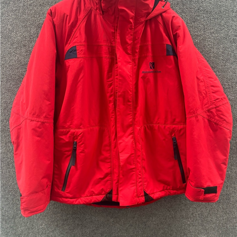 Abercrombie & Fitch Red Winter Jacket with Navy Logo Men’s Medium